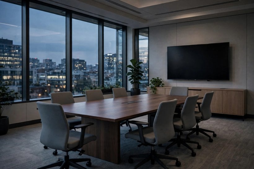 An empty executive conference room with a wall-mounted television, like the OpenAI room at the centre of the bugging case