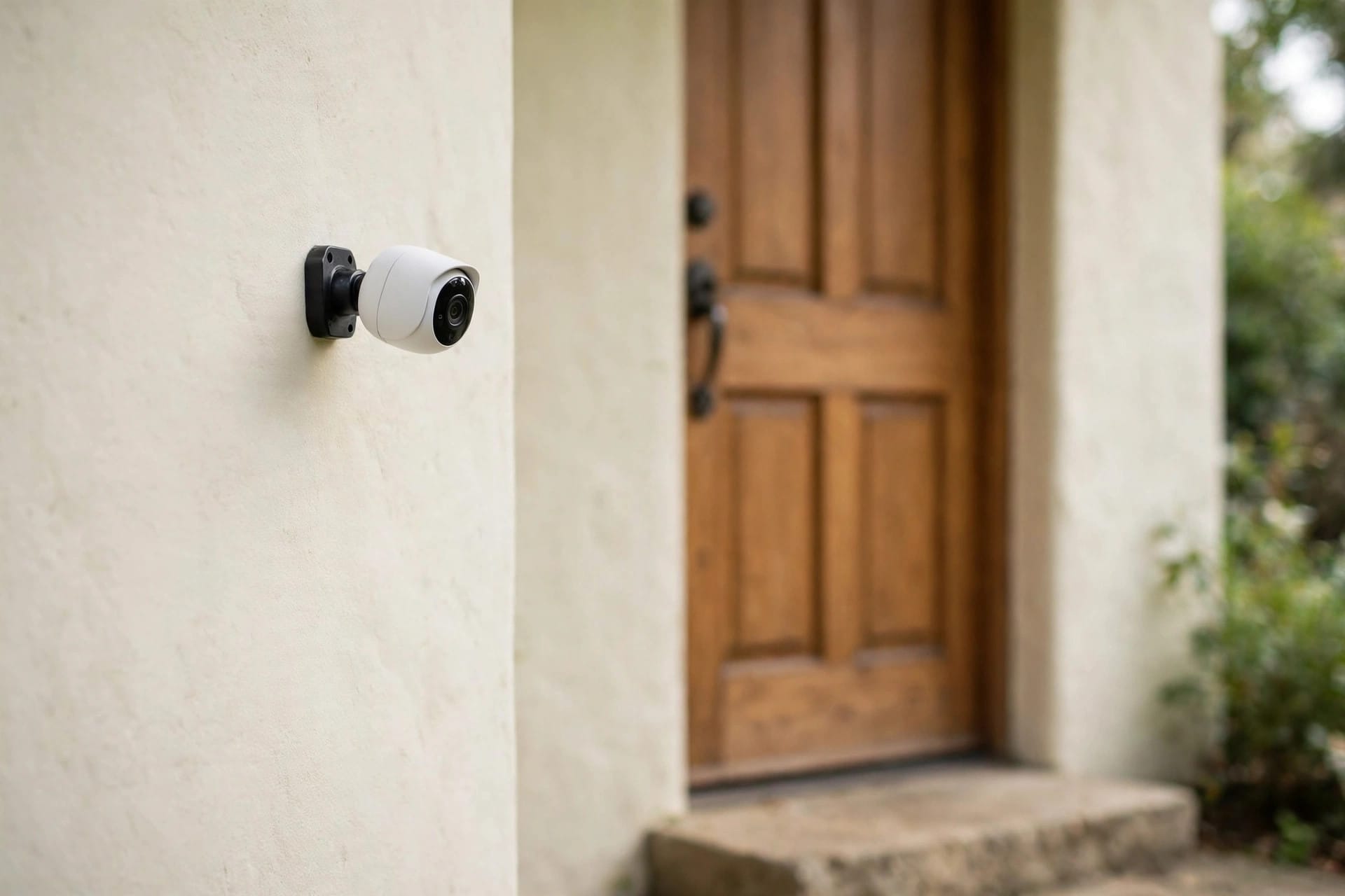 A small white home security camera mounted on an exterior wall by a front door