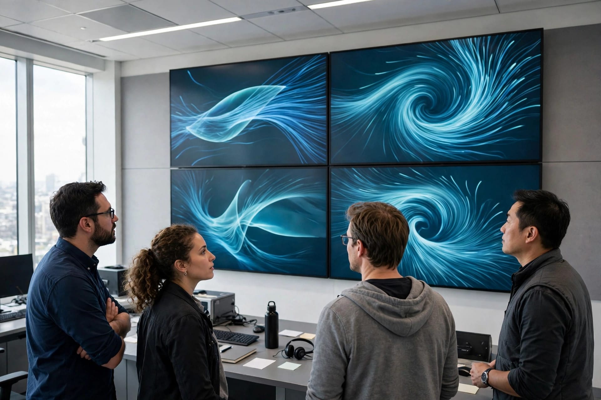 Engineers studying abstract airflow shapes on large screens