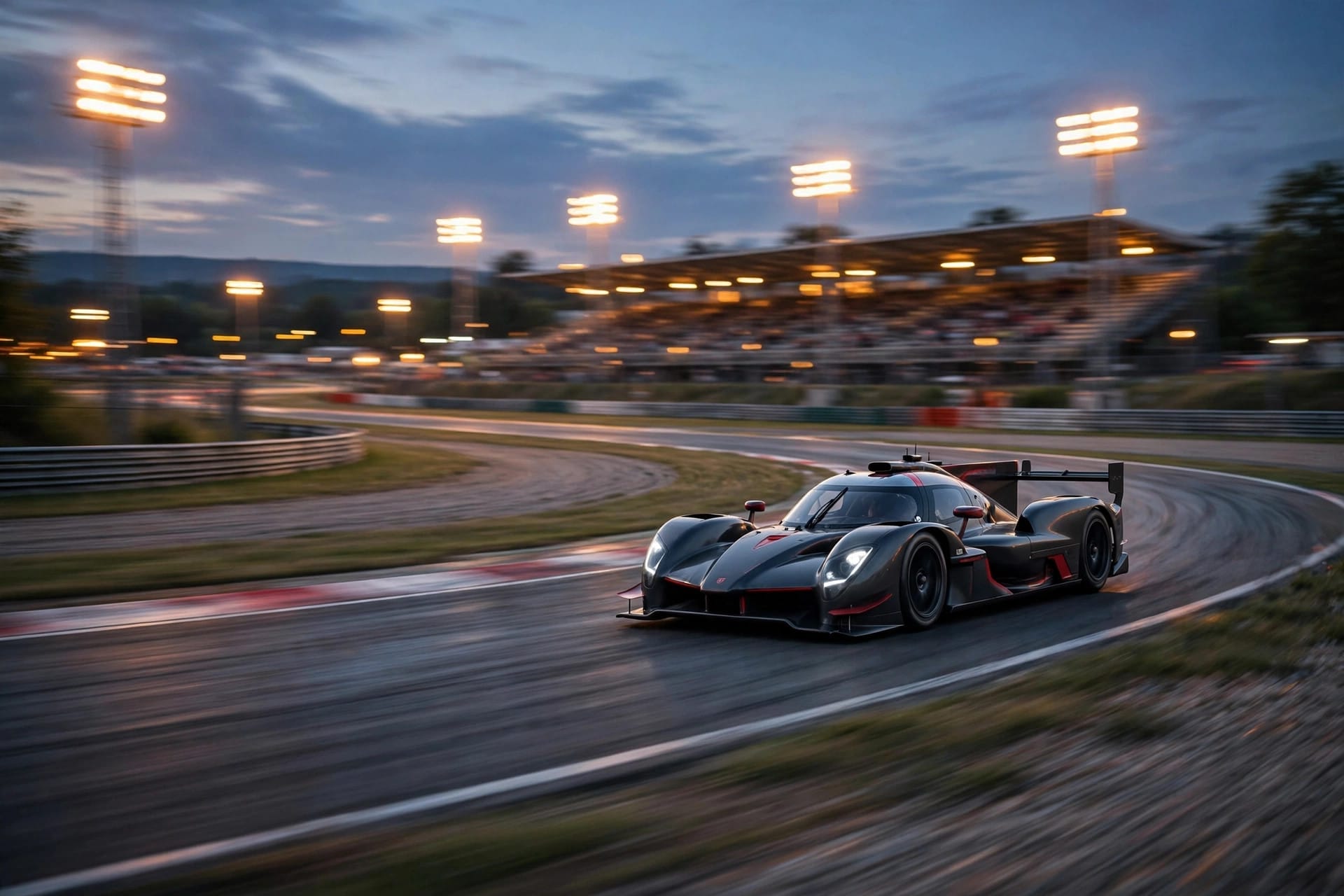 A race car speeding around a track at dusk