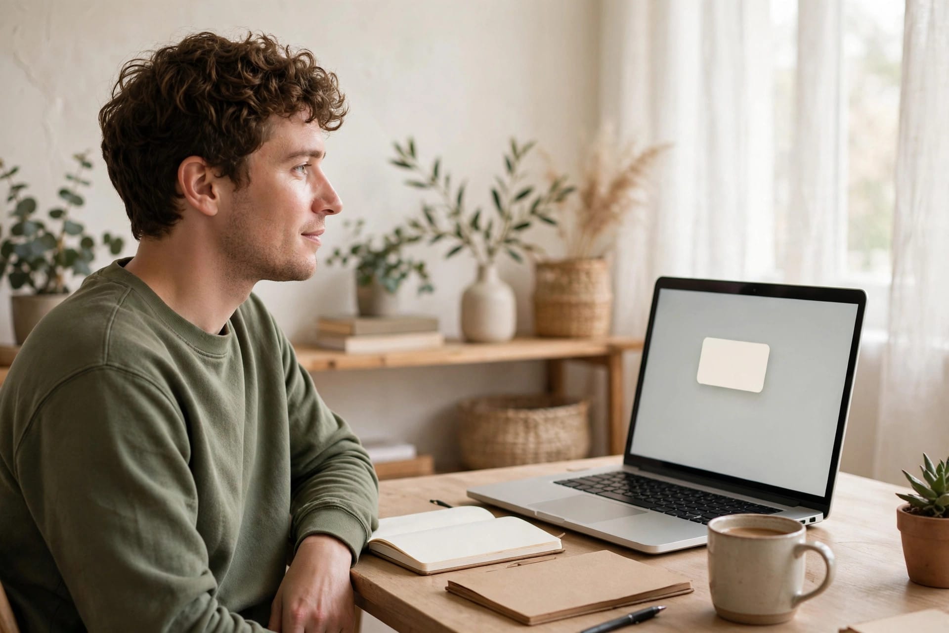 Person at a desk glancing at a laptop notification