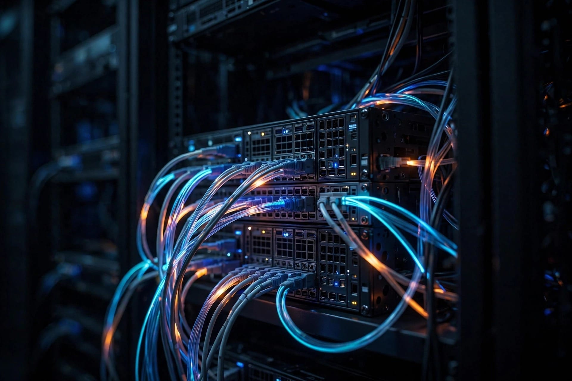 Firewall hardware rack with glowing network cables in a dark server room