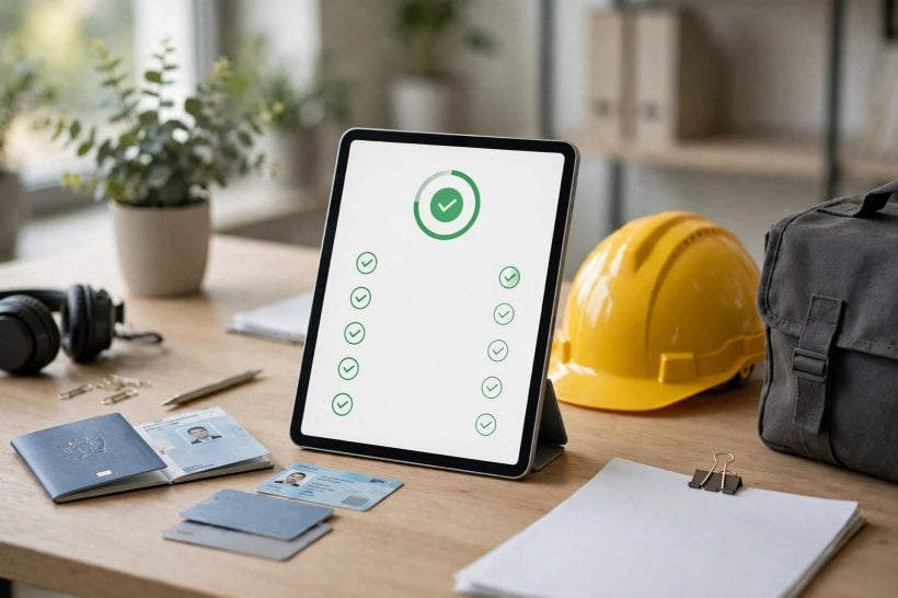 Firstwork onboarding checklist completed by AI agents on a tablet beside a hard hat and delivery bag