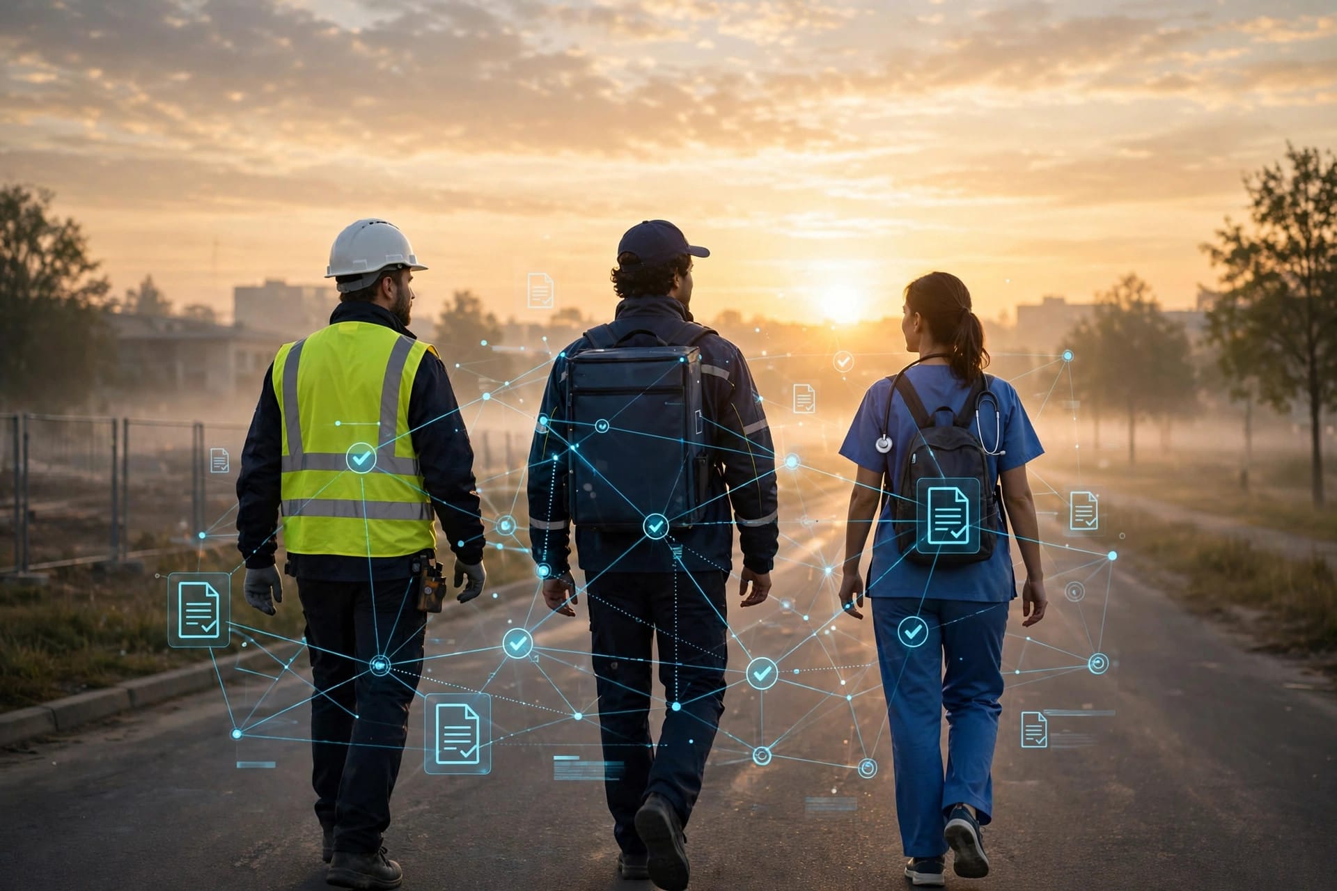 Firstwork AI agents clearing frontline workers in hi-vis, delivery and healthcare uniforms for their first shift