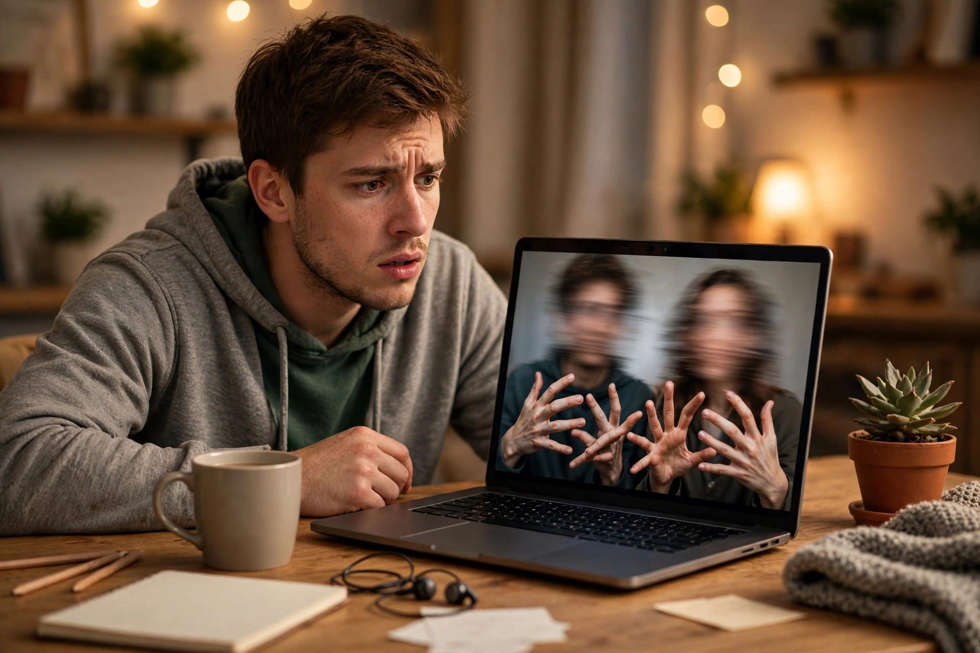 Puzzled man looking at a laptop video with blurred faces and extra fingers, showing AI video limits