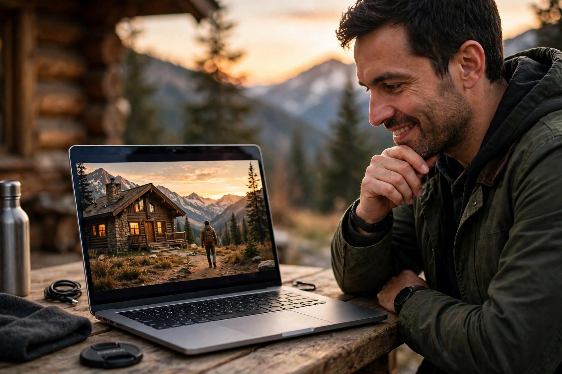 Filmmaker watching a finished short film scene of a mountain cabin at sunset on a laptop