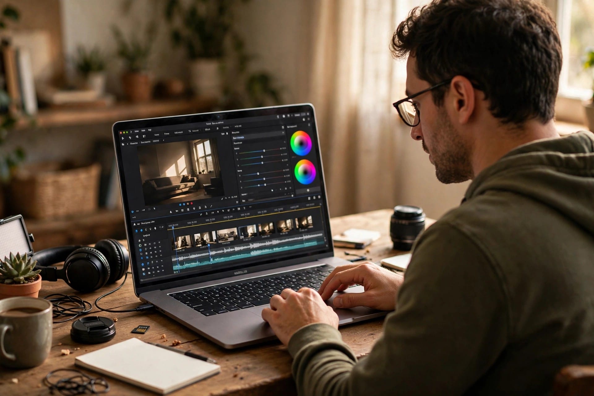 Filmmaker adjusting a video clip with colour controls on a laptop timeline