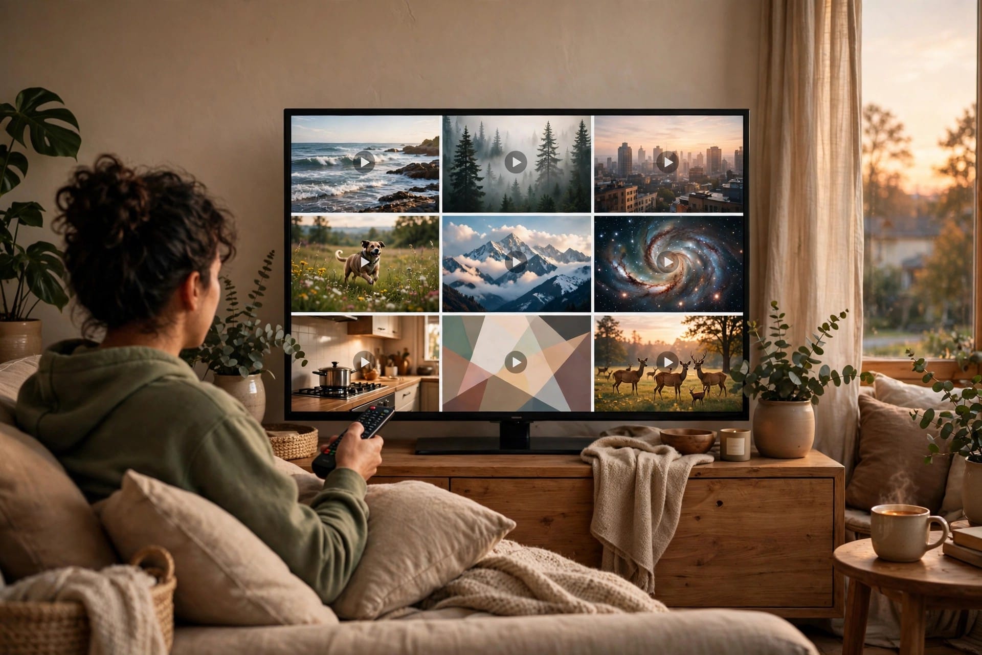 Person browsing a grid of AI-generated video clips on a television with a remote