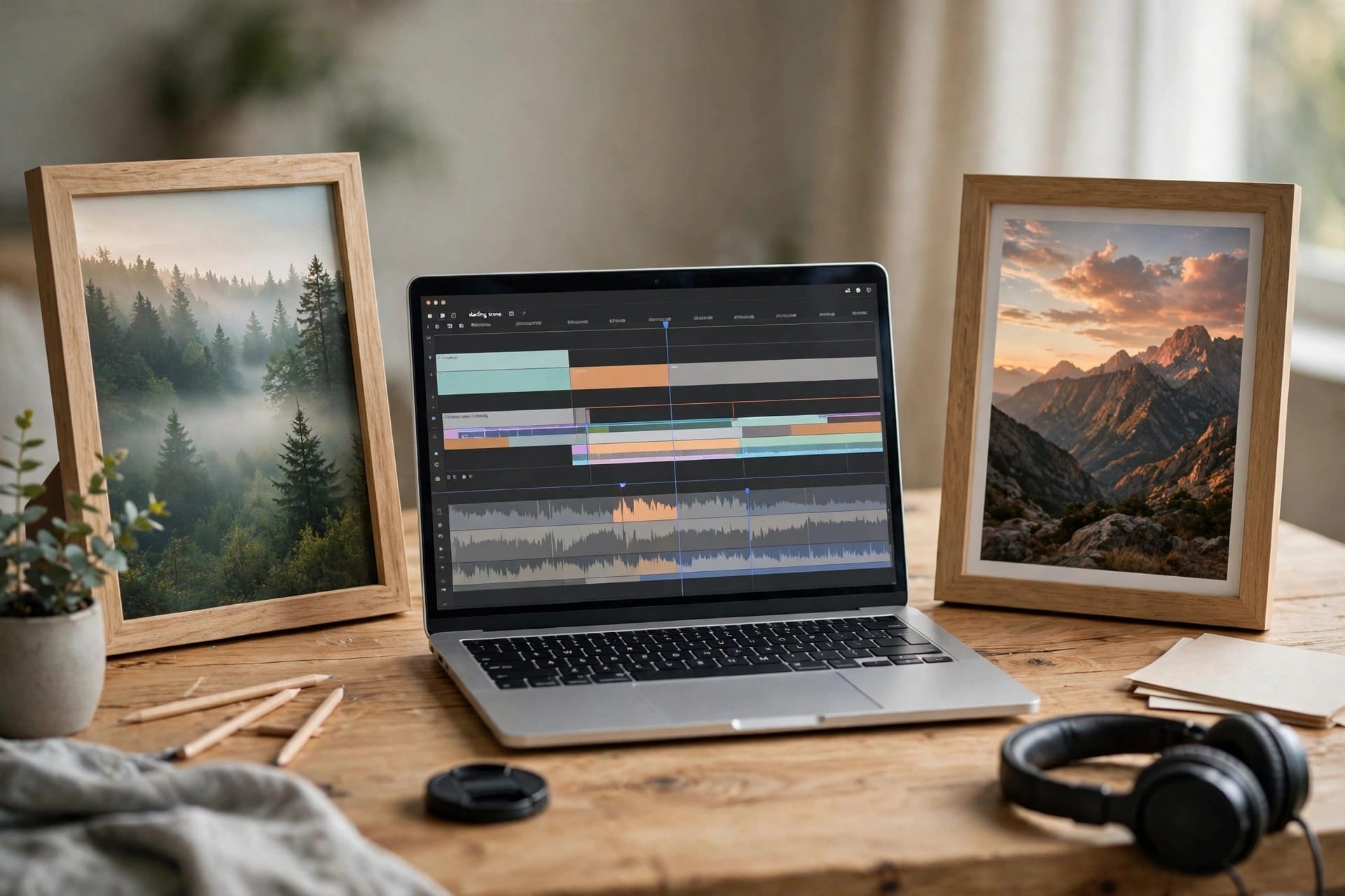 Two framed stills, a misty forest start and a mountain sunset end, flanking a laptop with a video timeline