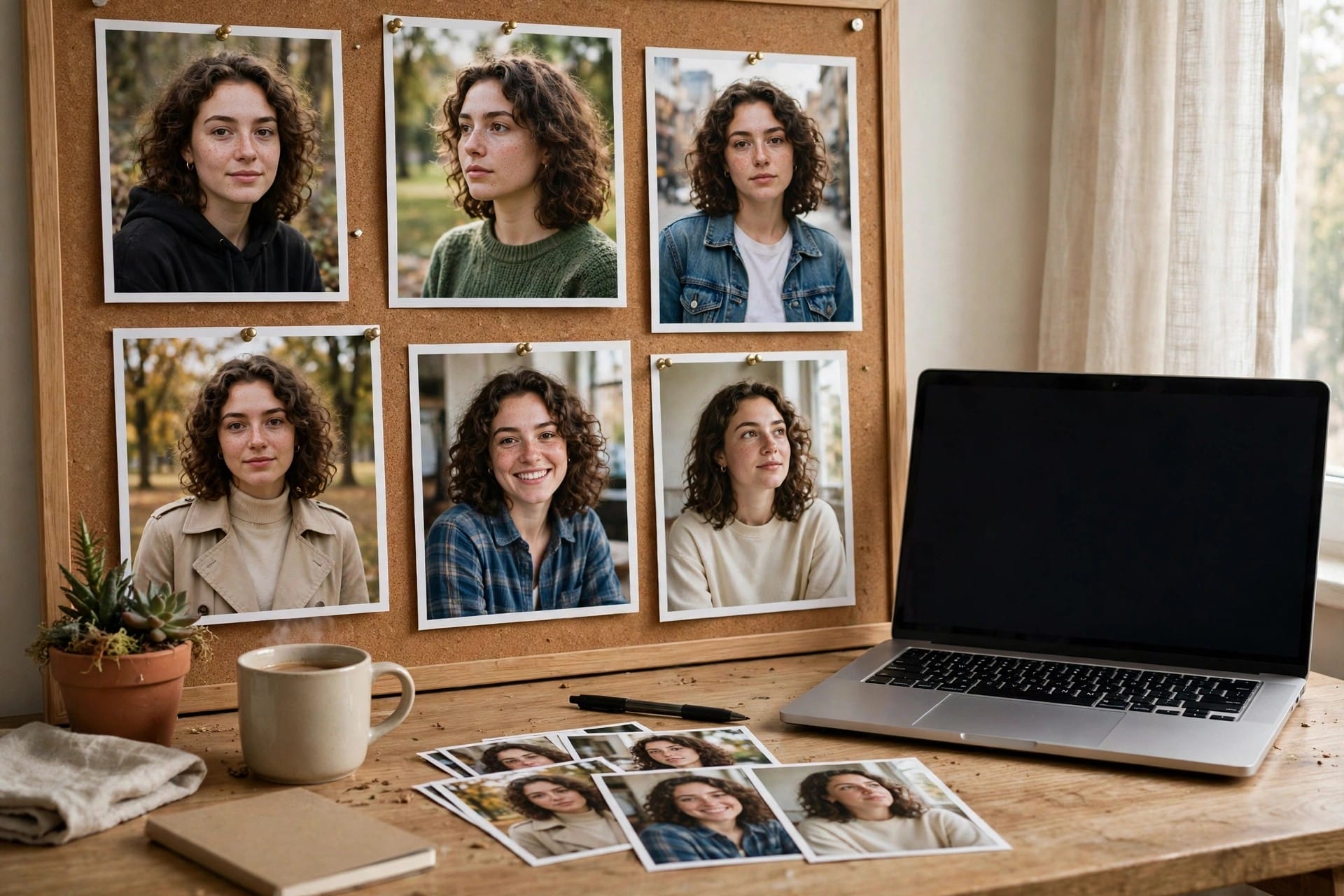 Corkboard with photos of the same woman in different outfits beside a laptop, showing how Ingredients keeps a character consistent