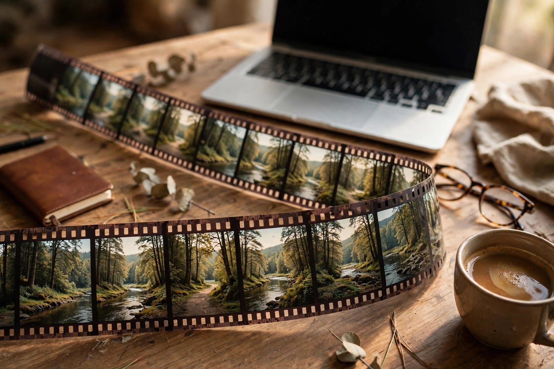 A long film strip across a desk showing one continuous scene extending, with laptop and coffee nearby