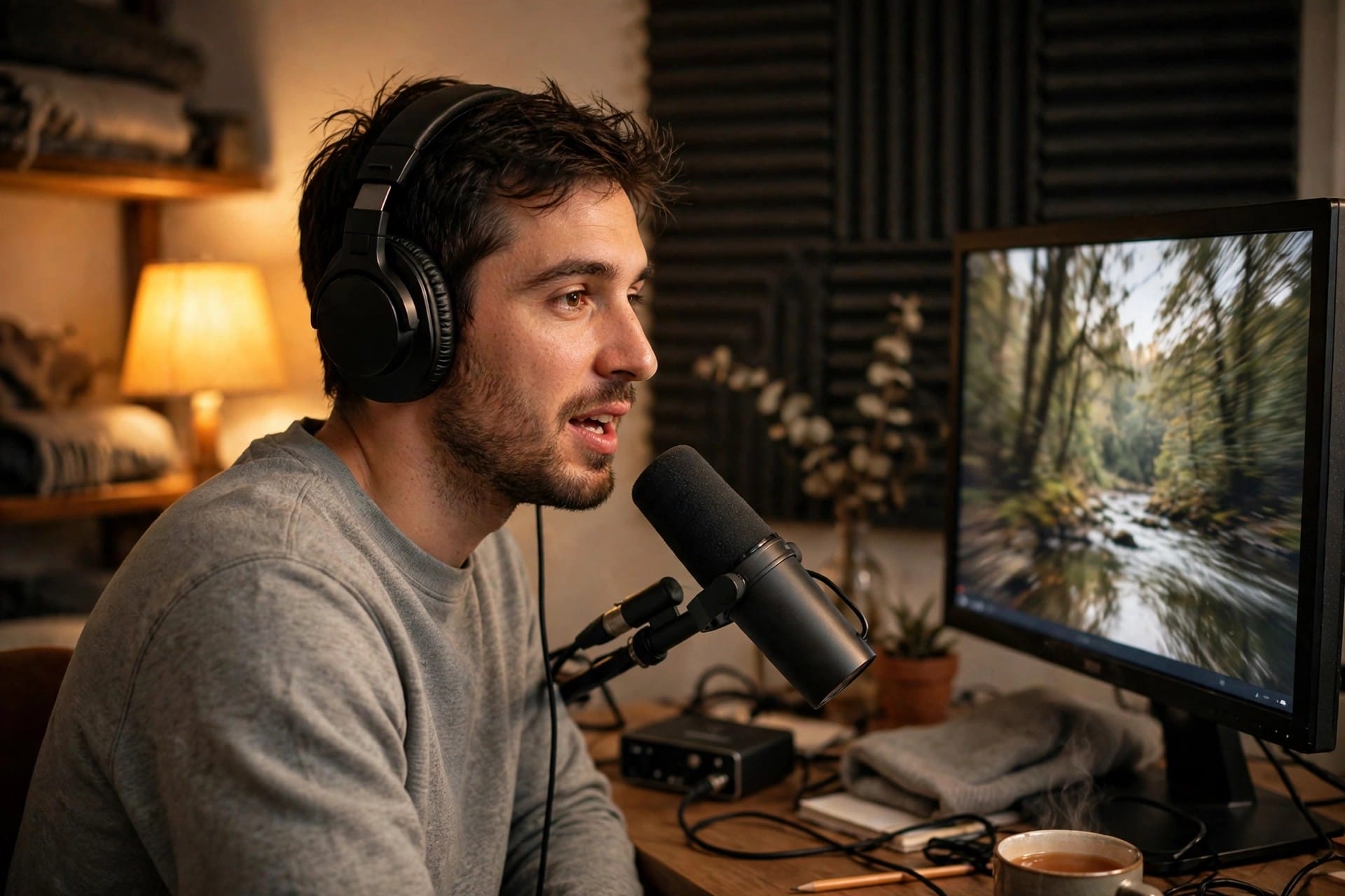Man wearing headphones and speaking dialogue into a microphone while a video plays on a monitor