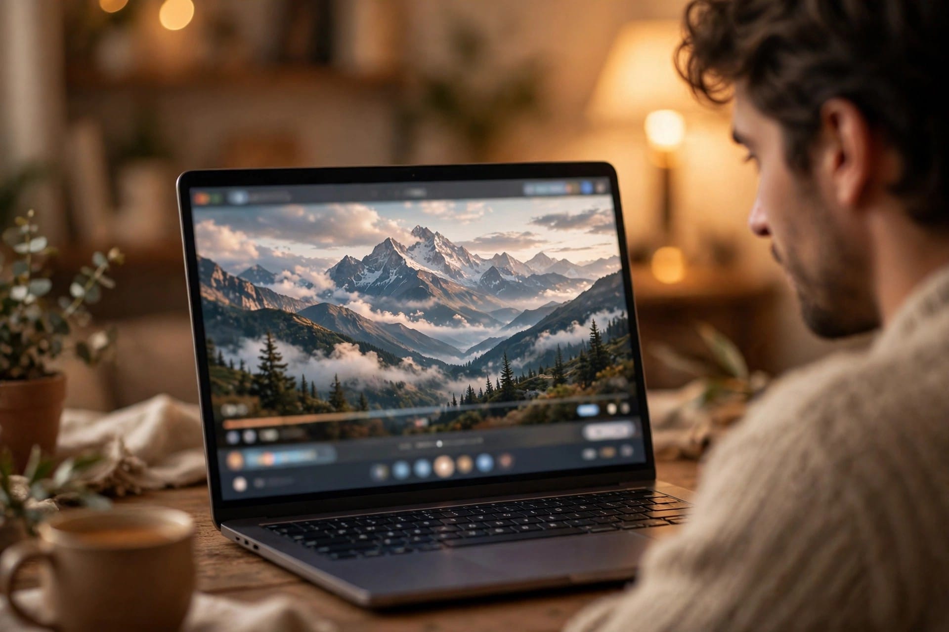 Man watching a cinematic mountain landscape video created from a text prompt on his laptop