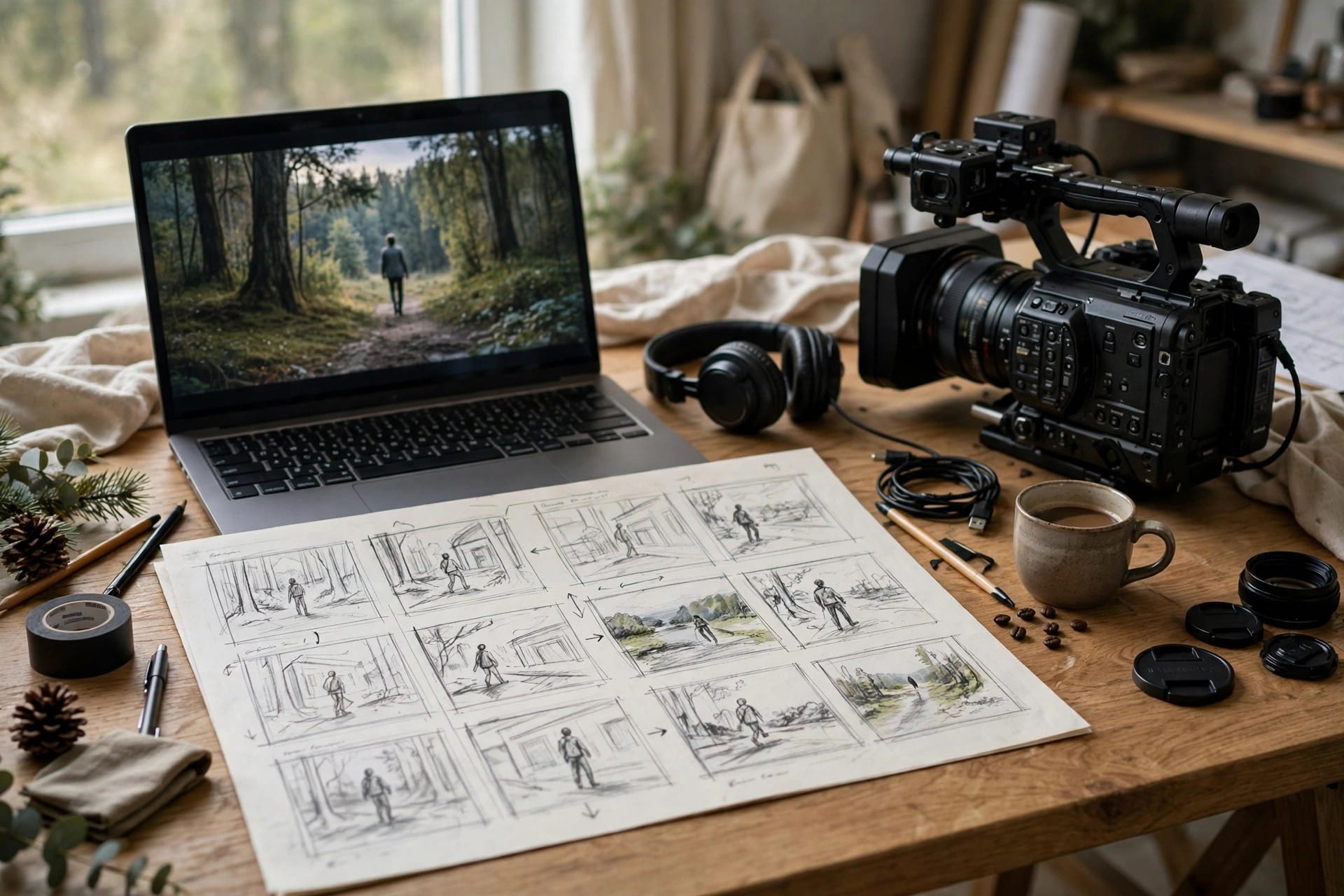 Director's desk with storyboard, video camera and laptop showing a film scene