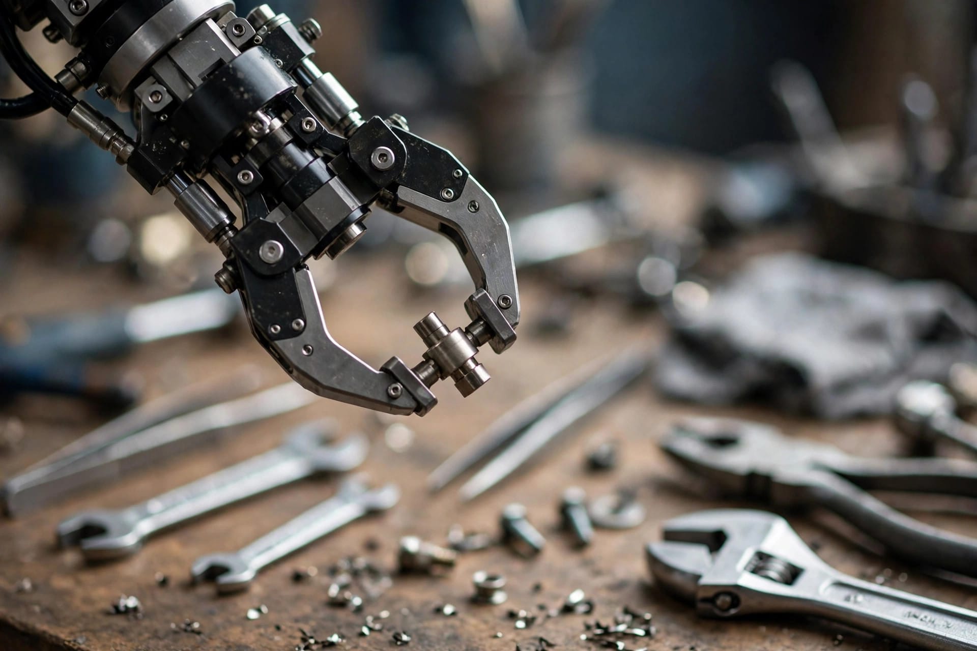 A robotic gripper holding a small metal component