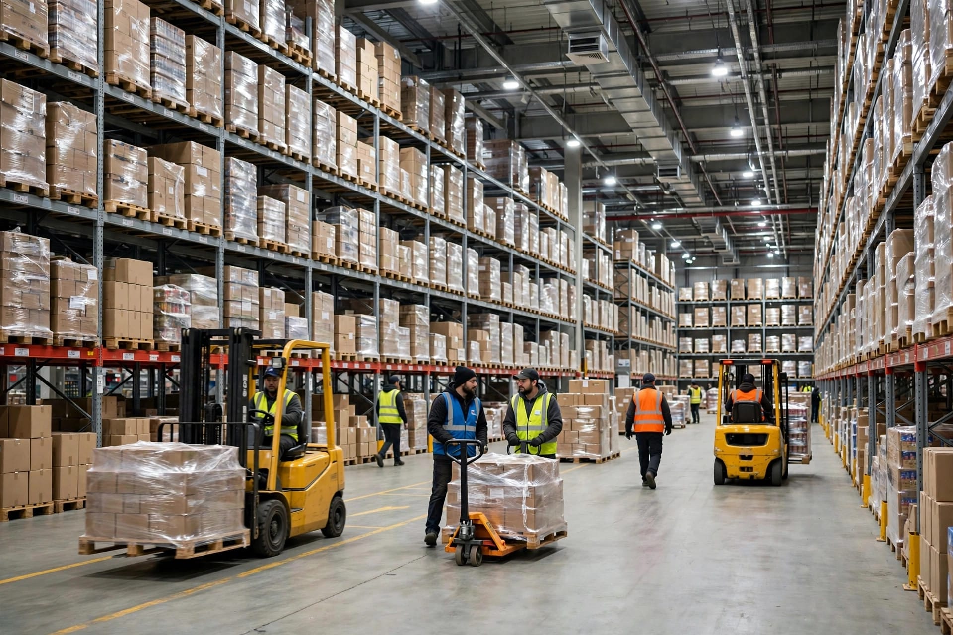 Workers and forklifts moving pallets of goods between tall shelving rows inside a large distribution warehouse
