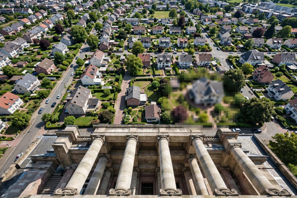 Aerial view of a Frankfurt home hidden behind a privacy blur after the court ruling on Google Maps imagery