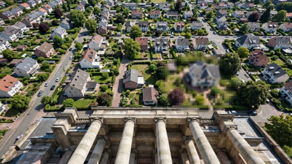 Aerial view of a Frankfurt home hidden behind a privacy blur after the court ruling on Google Maps imagery