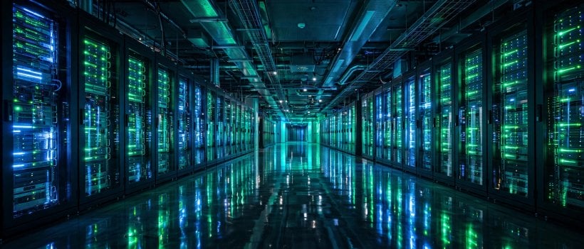 A data centre corridor lined with glowing server racks