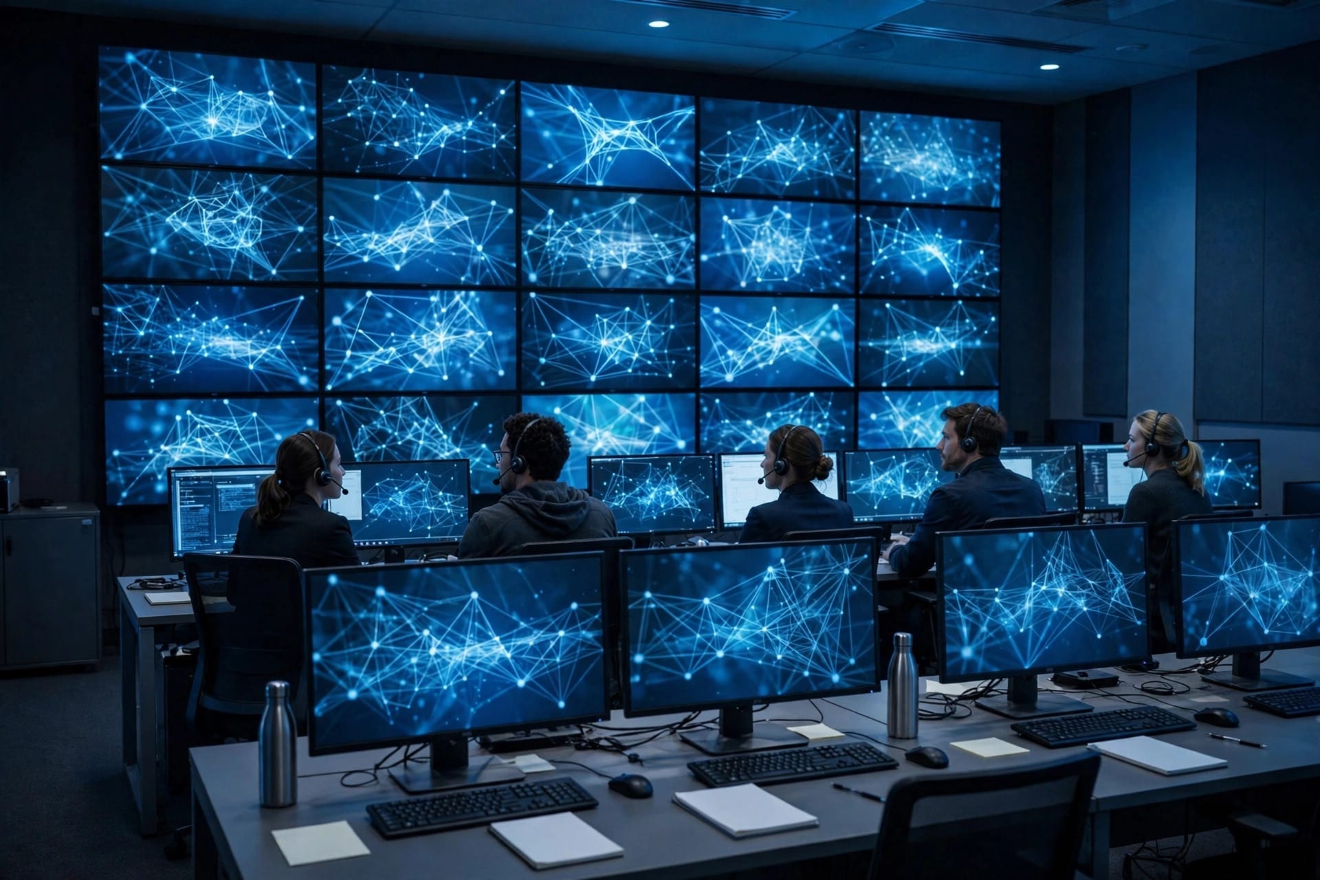 Bank security operations centre analysts monitoring a wall of screens during a simulated cyber attack