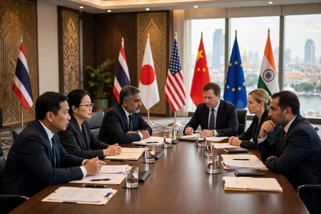 G7 finance ministers seated around a conference table with national flags in Bangkok