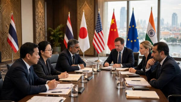 G7 finance ministers seated around a conference table with national flags in Bangkok