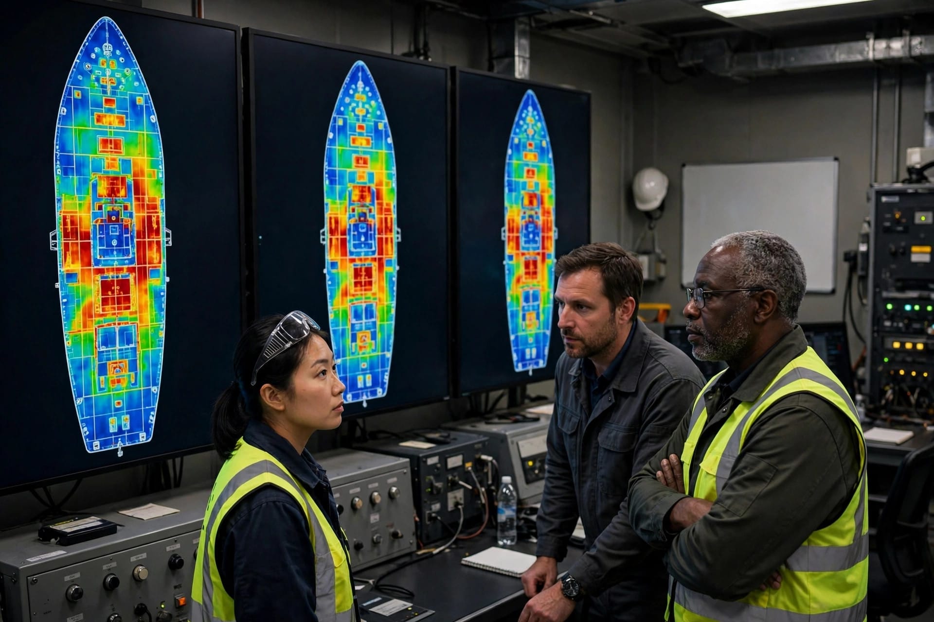 Engineers reviewing a Gecko Robotics full-deck corrosion heatmap of a Navy vessel
