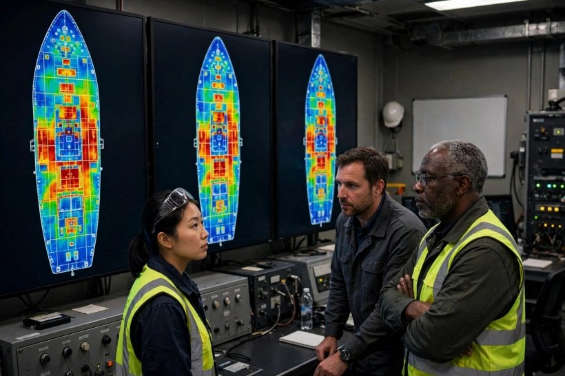 Engineers reviewing a Gecko Robotics full-deck corrosion heatmap of a Navy vessel