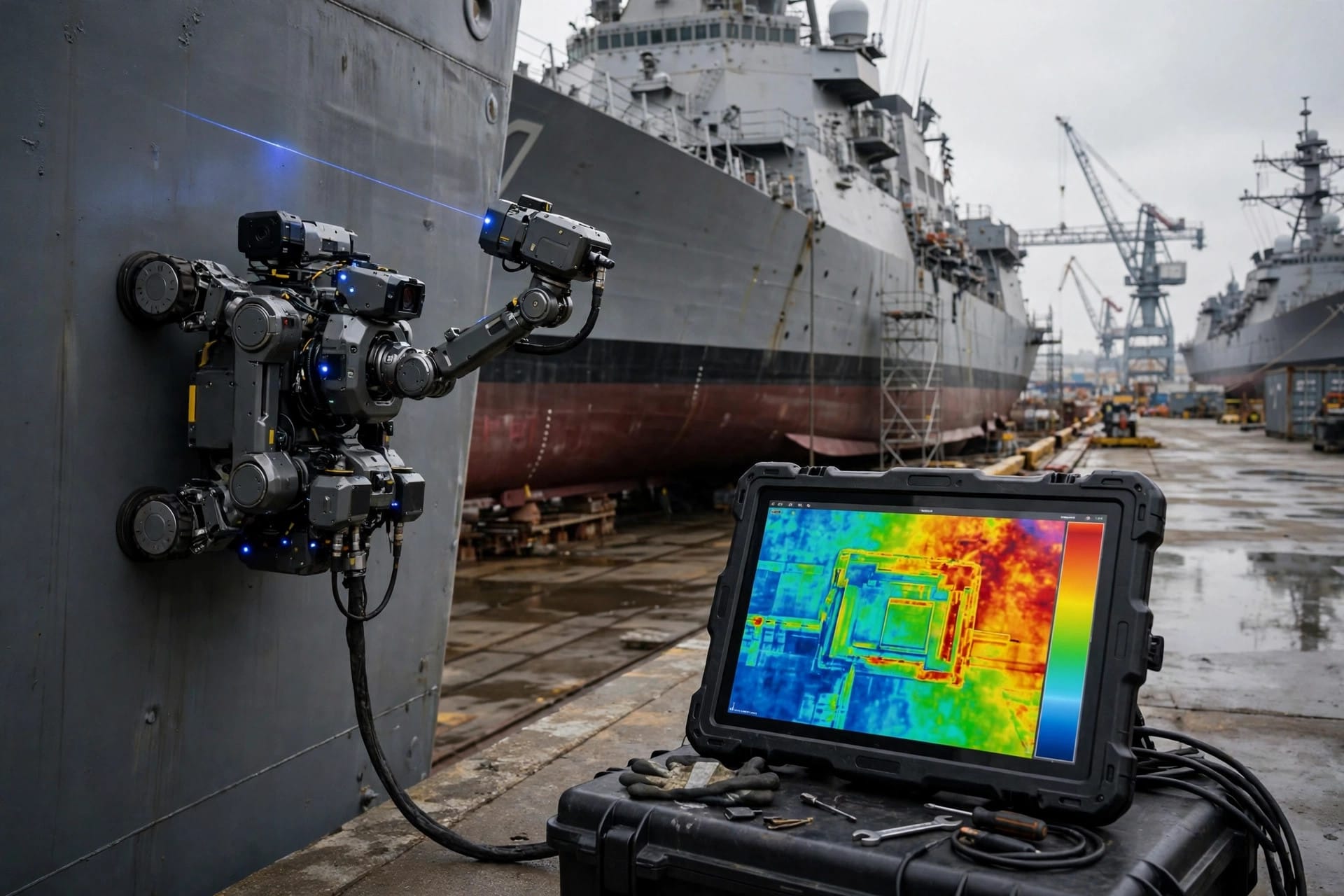 Gecko Robotics wall-climbing robot inspecting a US Navy warship deck under its expanded contract
