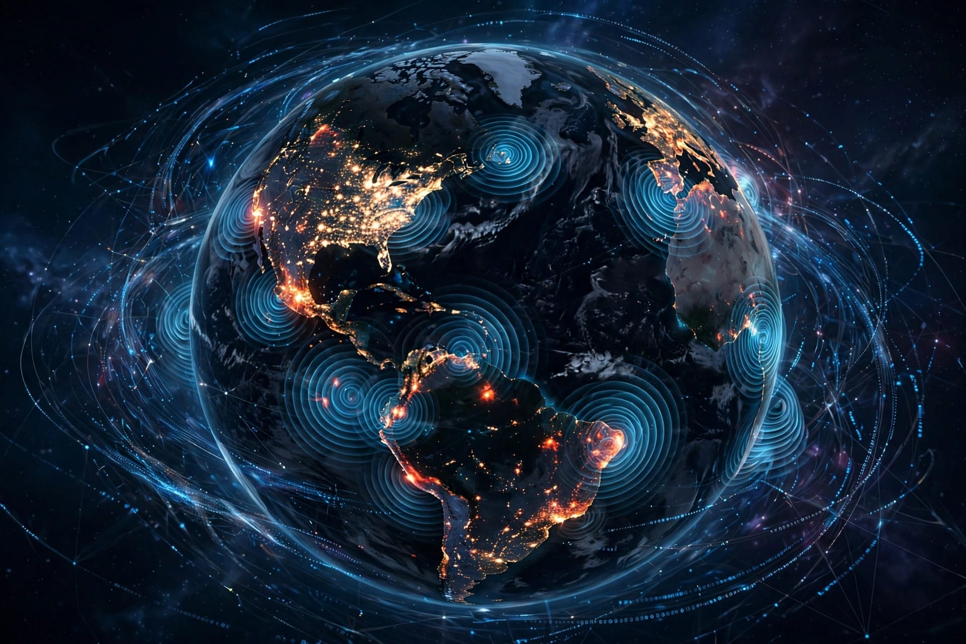 Glowing 3D globe of the Earth at night with orange wildfire hotspots and pulsing seismic shockwave rings across continents