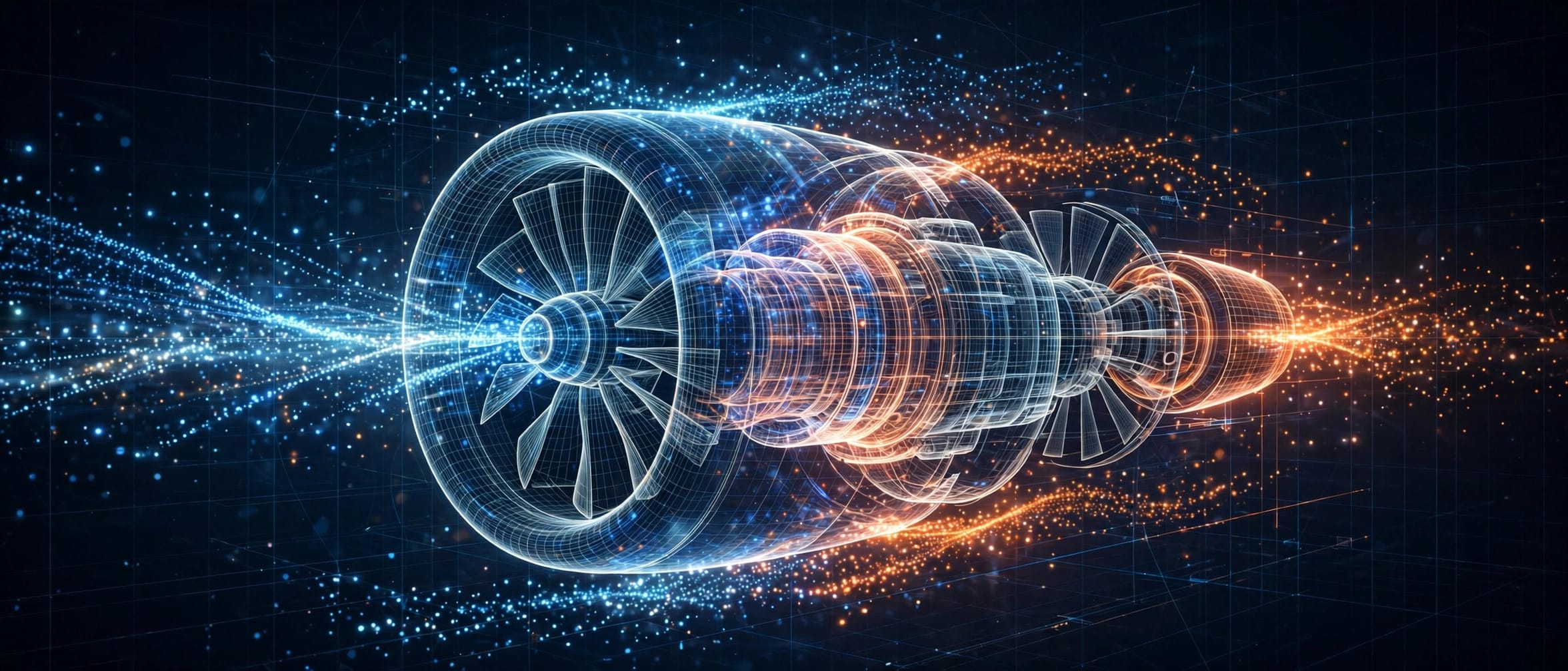Glowing 3D wireframe turbofan jet engine being assembled by streams of light particles on a dark engineering background