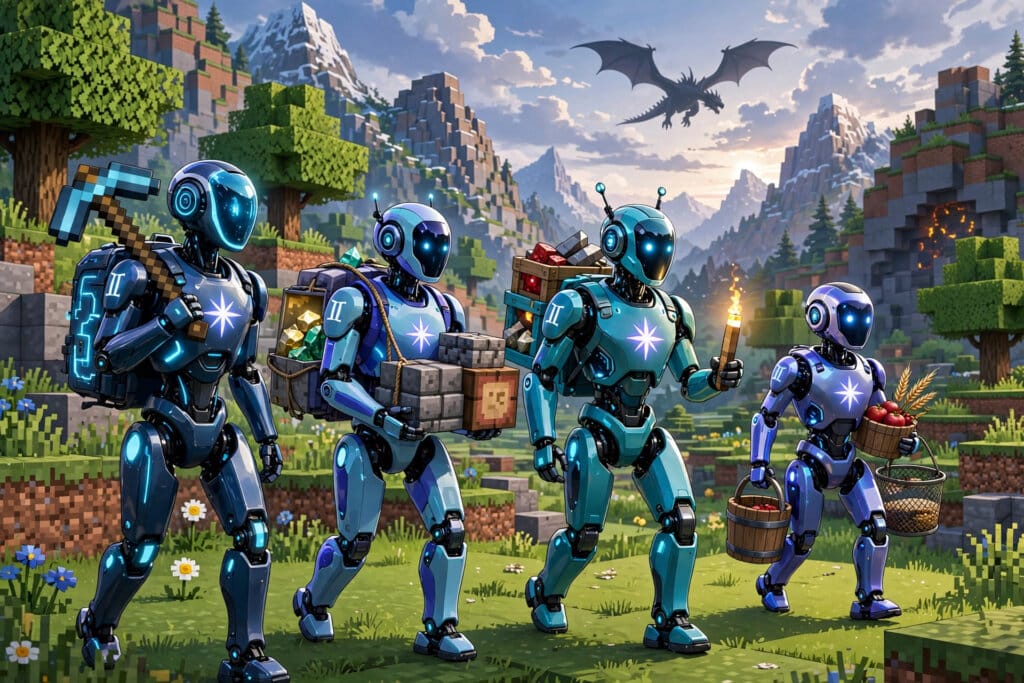 Four Gemini 4 Argon AI agents exploring a Minecraft world together on their way to the Ender Dragon