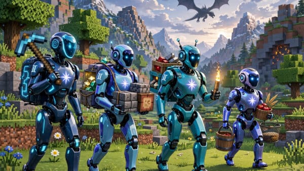 Four Gemini 4 Argon AI agents exploring a Minecraft world together on their way to the Ender Dragon