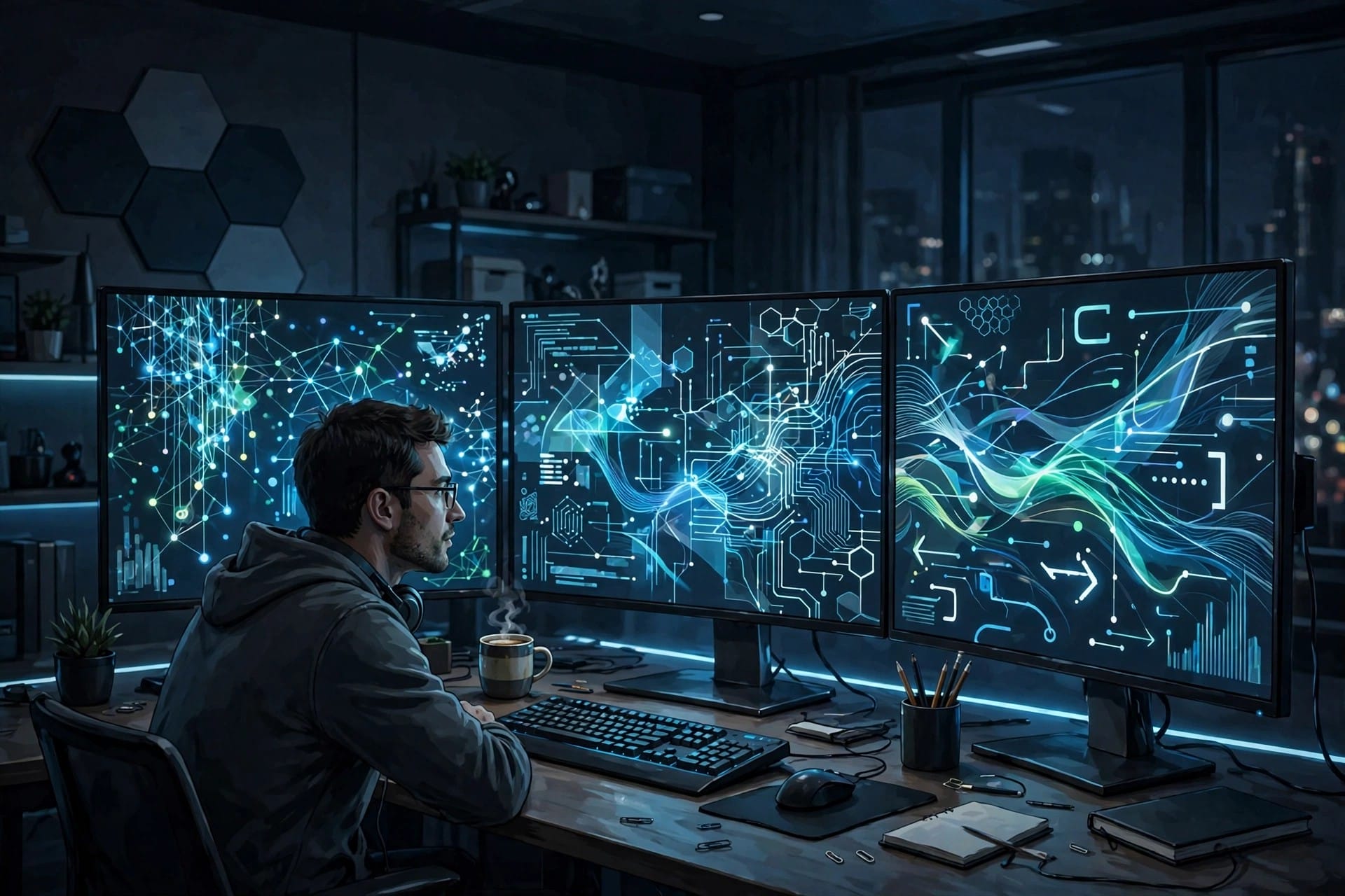 A software engineer reviewing glowing code on large monitors in a dark office