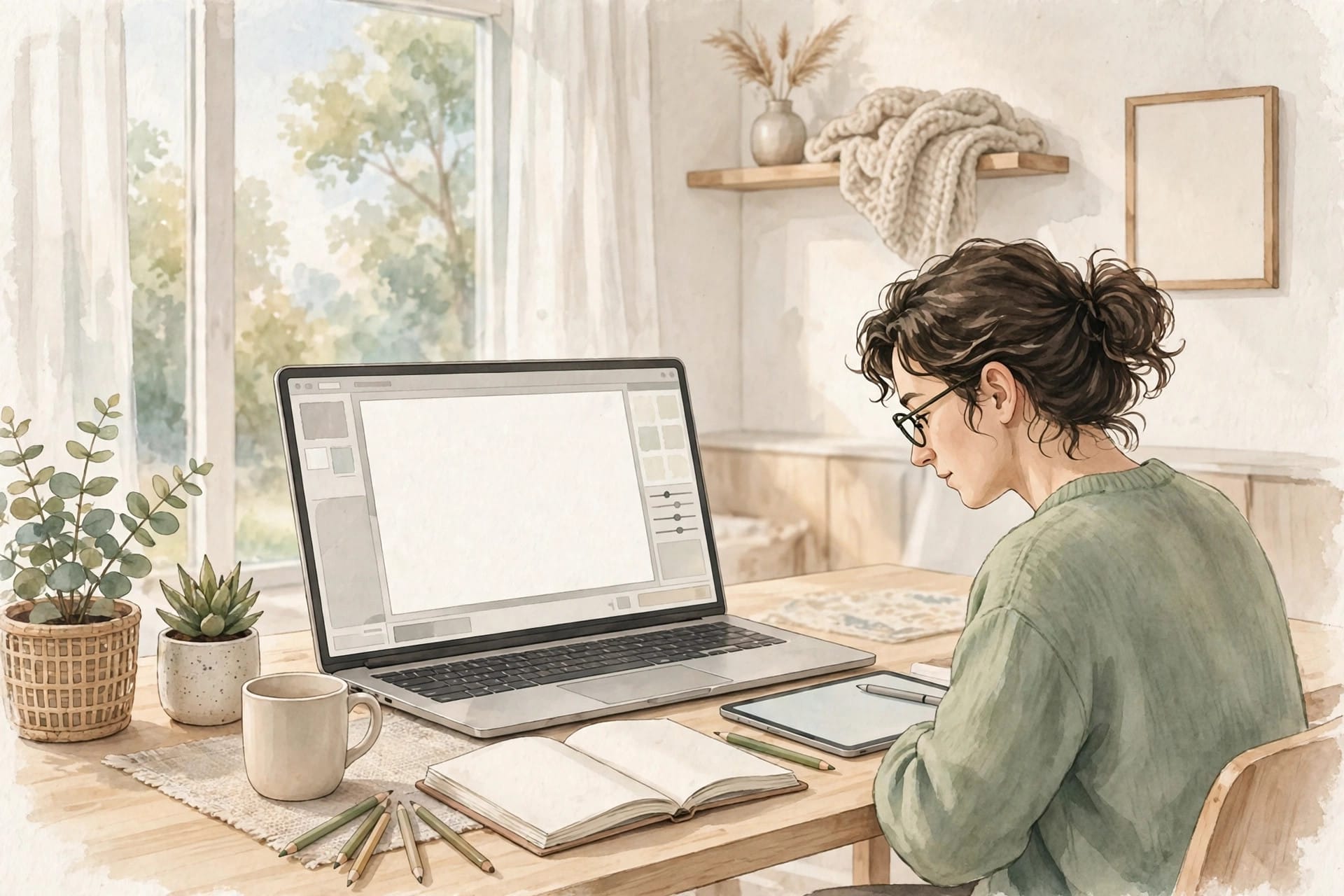 A person editing a document on a laptop in a bright home office