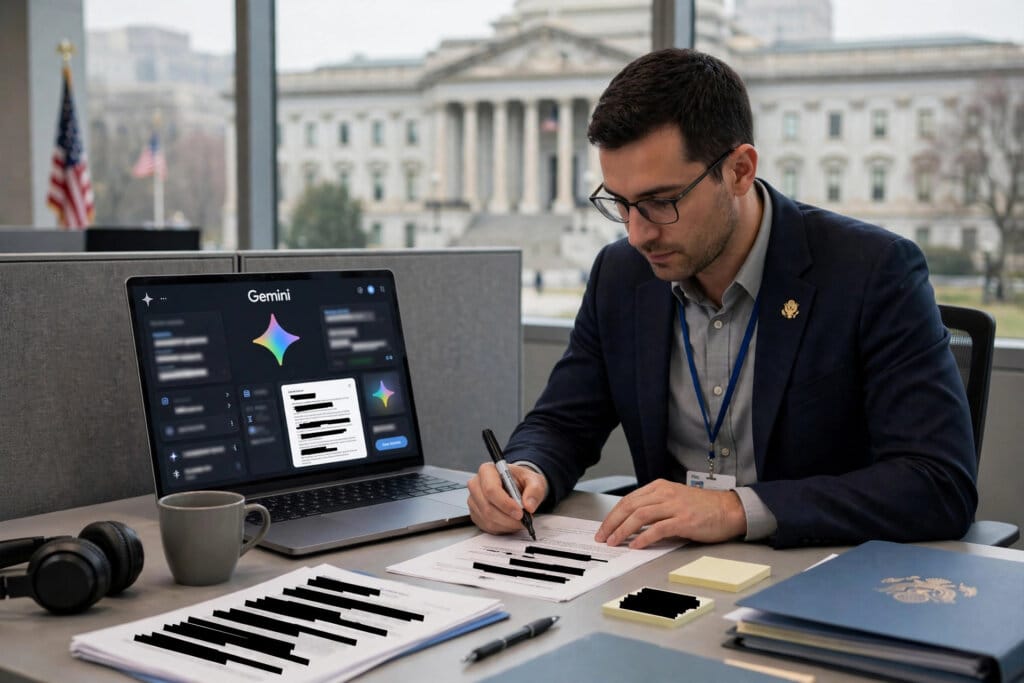 Government worker using Gemini for government services to review regulations and redact documents