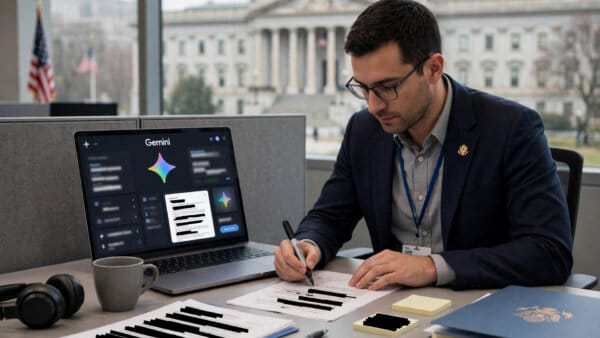 Government worker using Gemini for government services to review regulations and redact documents