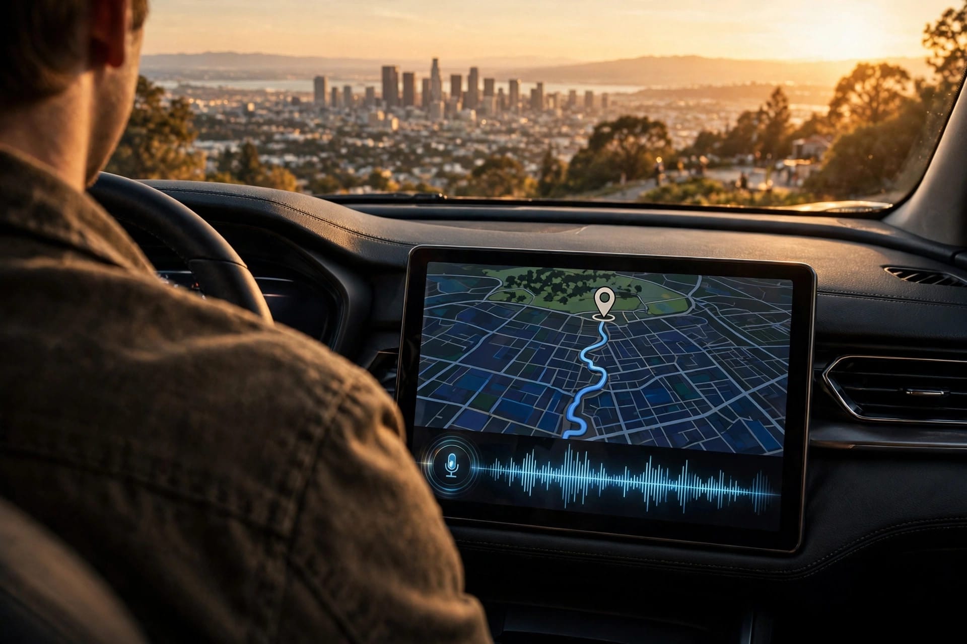 Driver using Gemini in Google Maps on Apple CarPlay to ask for a scenic stop and a toll-free route