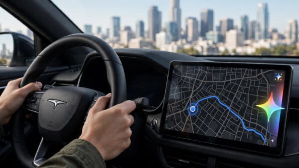 Gemini icon on the Google Maps navigation screen in Apple CarPlay, offering conversational directions to a driver