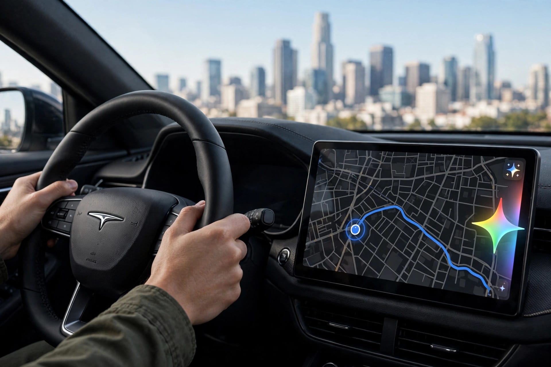 Gemini icon on the Google Maps navigation screen in Apple CarPlay, offering conversational directions to a driver