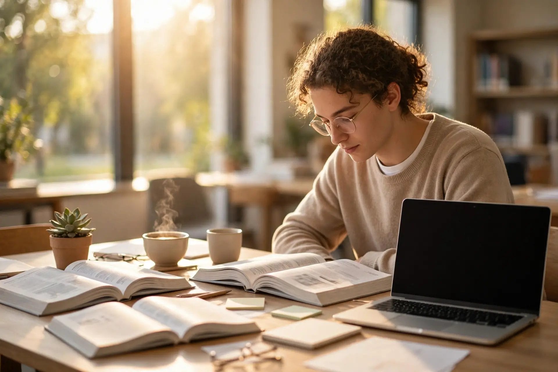 A student studying with open textbooks and a laptop in warm daylight