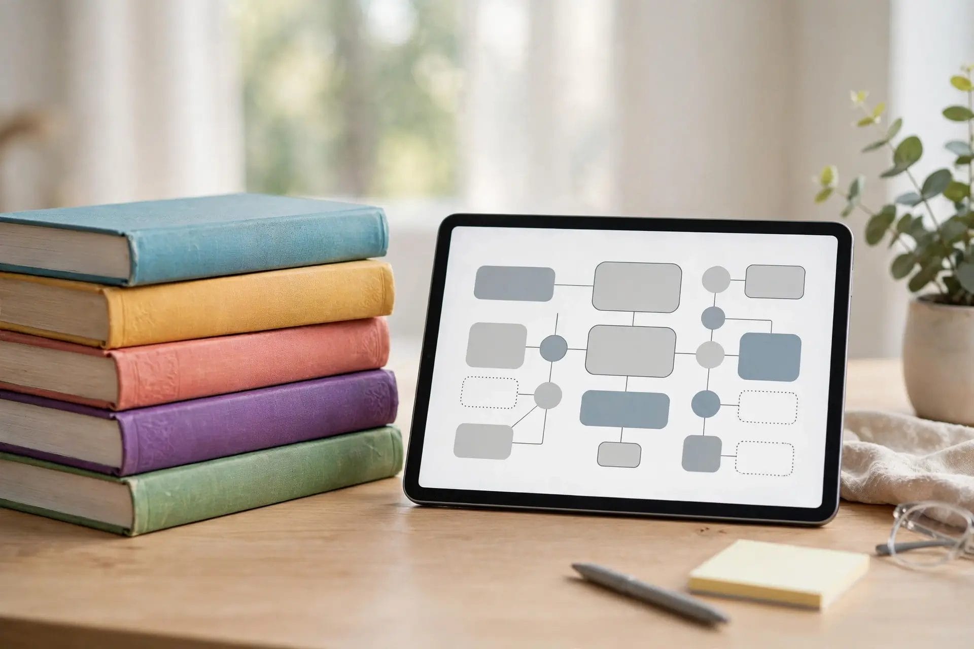 A stack of textbooks beside a tablet showing an abstract study guide layout