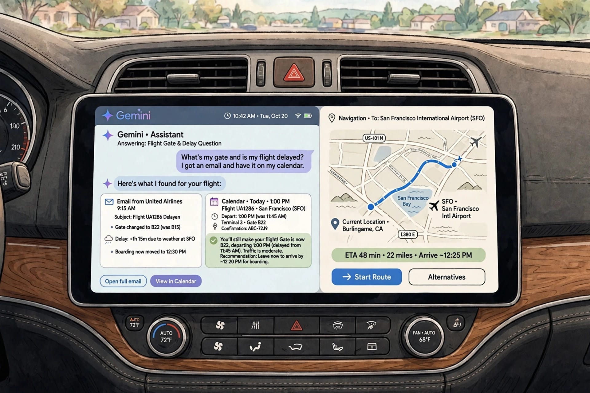 Gemini Personal Intelligence in a car answering a flight gate and delay question from email and calendar on the route to the airport