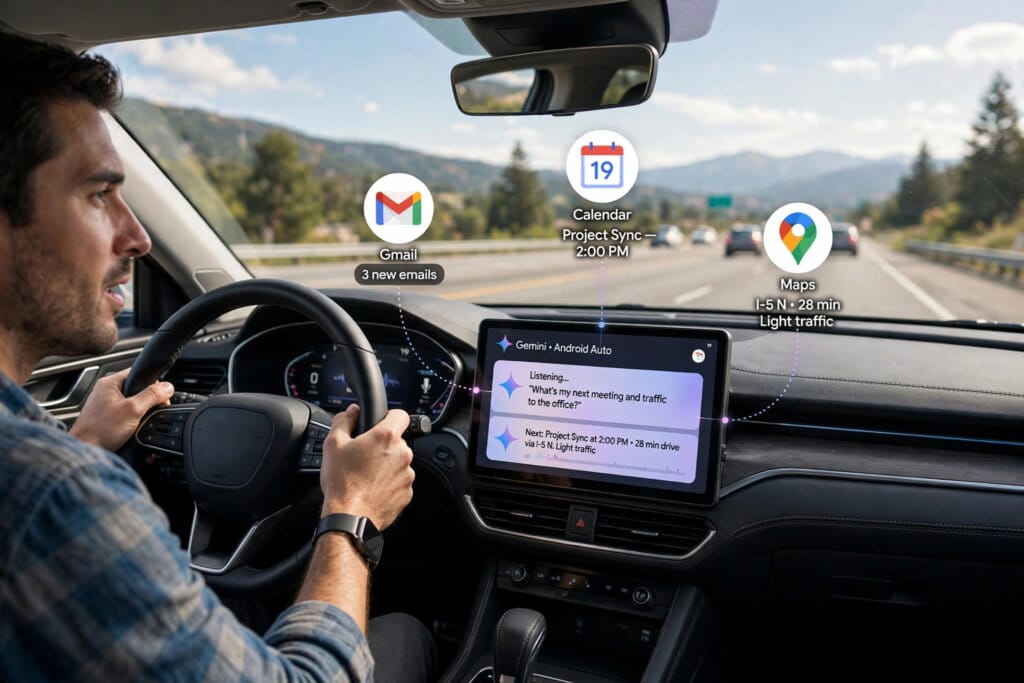 Driver using Gemini Personal Intelligence on an Android Auto dashboard with Gmail, Calendar and Maps context