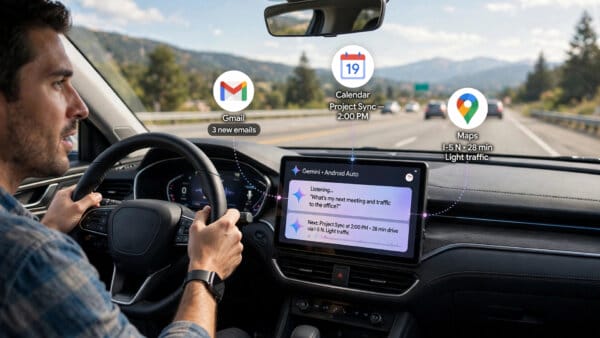 Driver using Gemini Personal Intelligence on an Android Auto dashboard with Gmail, Calendar and Maps context