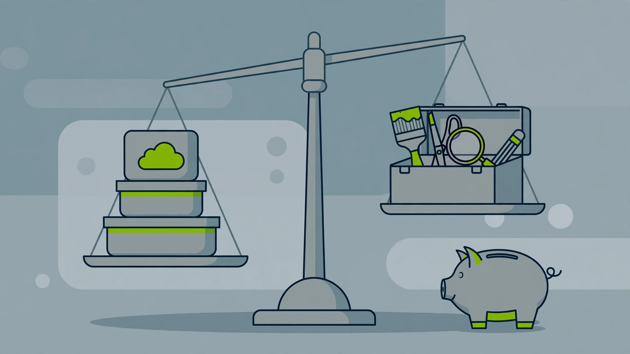Illustration of a balance scale weighing cloud storage against creative tools, representing value across Gemini plans
