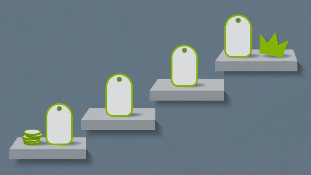 Illustration of four ascending steps with price tags and a crown, representing the Gemini subscription tiers from Free to Ultra