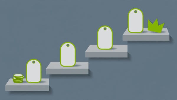 Illustration of four ascending steps with price tags and a crown, representing the Gemini subscription tiers from Free to Ultra