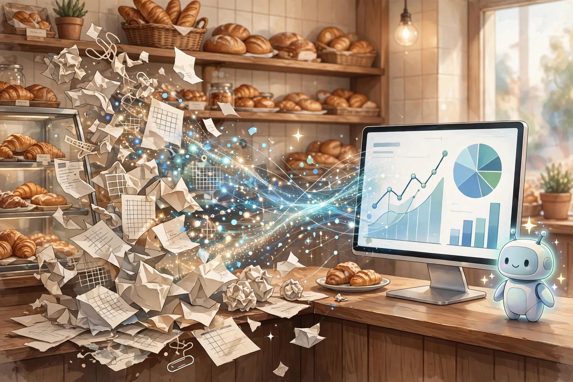 Bakery receipts and spreadsheets turning into clean financial charts in the Gemini small business hub