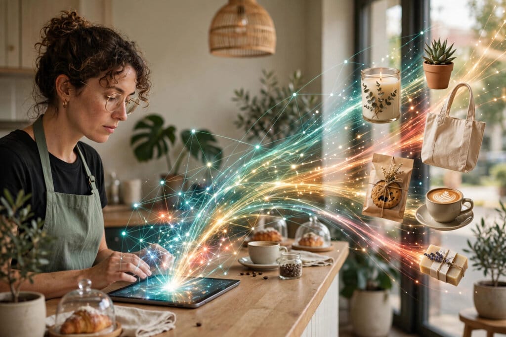 Small business owner using the Gemini business hub on a tablet as her products and brand flow into connected apps